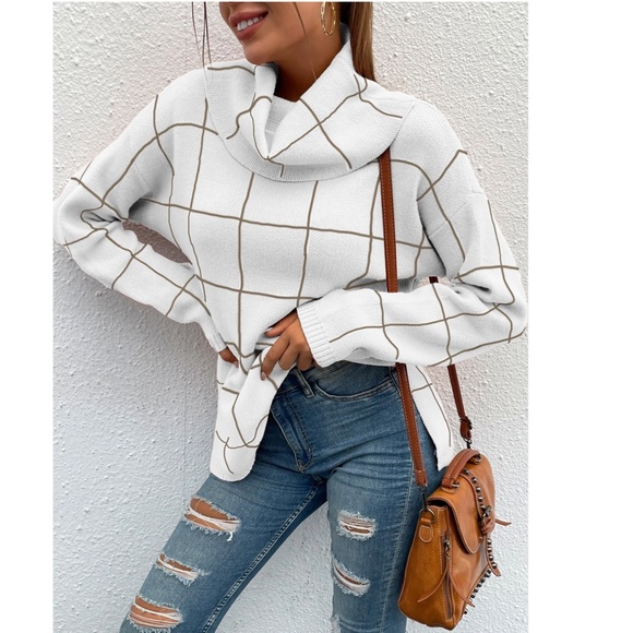 Rouge! White and Tan Grid Turtleneck Sweater - Picture 3 of 7